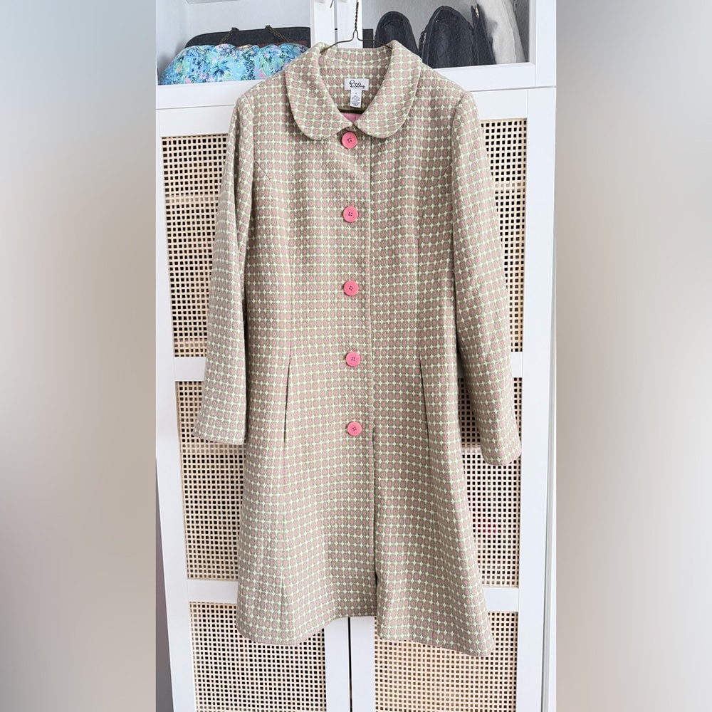 Lilly Pulitzer Beige Trench Coat with Pink Buttons